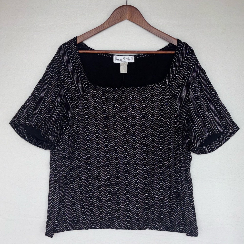 RONNI NICOLE Black Sparkle Top Blouse Short Sleeve Vintage Holiday Party 2X